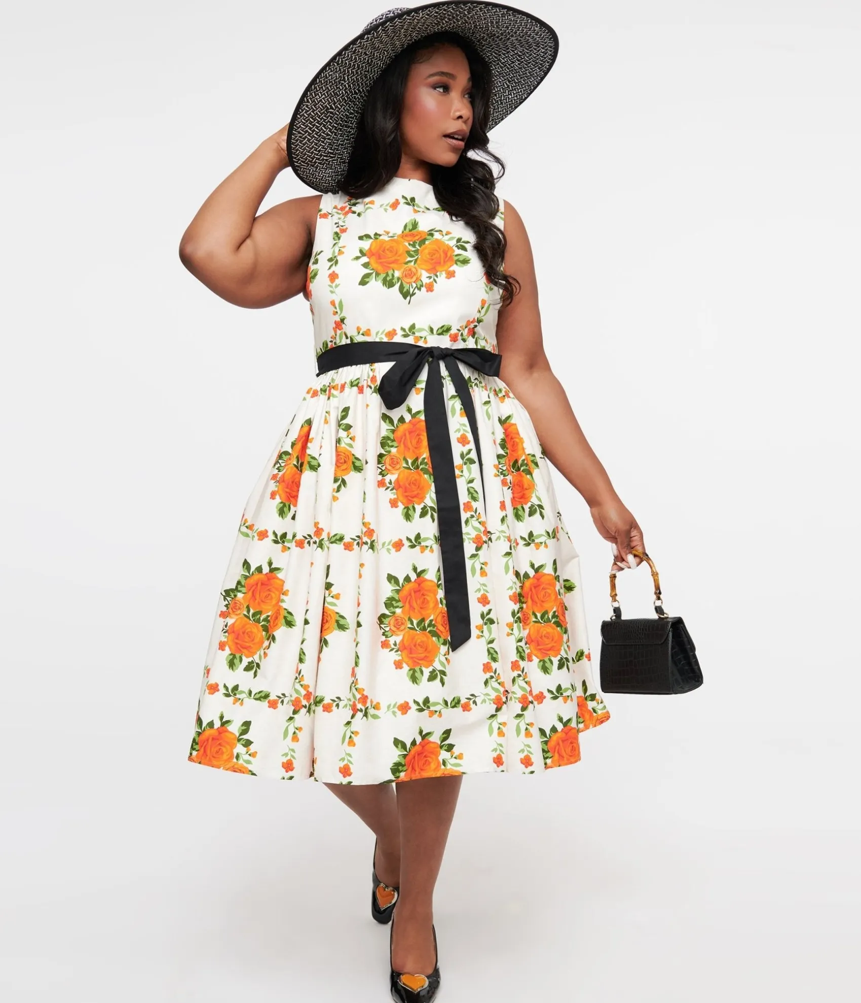 Unique Vintage Plus Size 1950s Orange Fall Floral Sleeveless Swing Dress