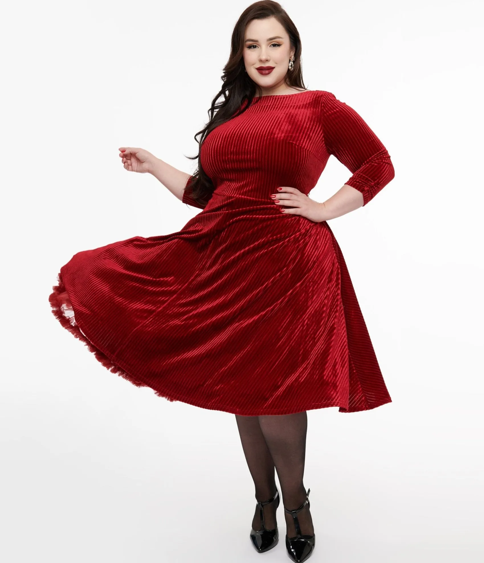Unique Vintage Plus Size 1950s Burgundy Textured Velvet Devon Swing Dress