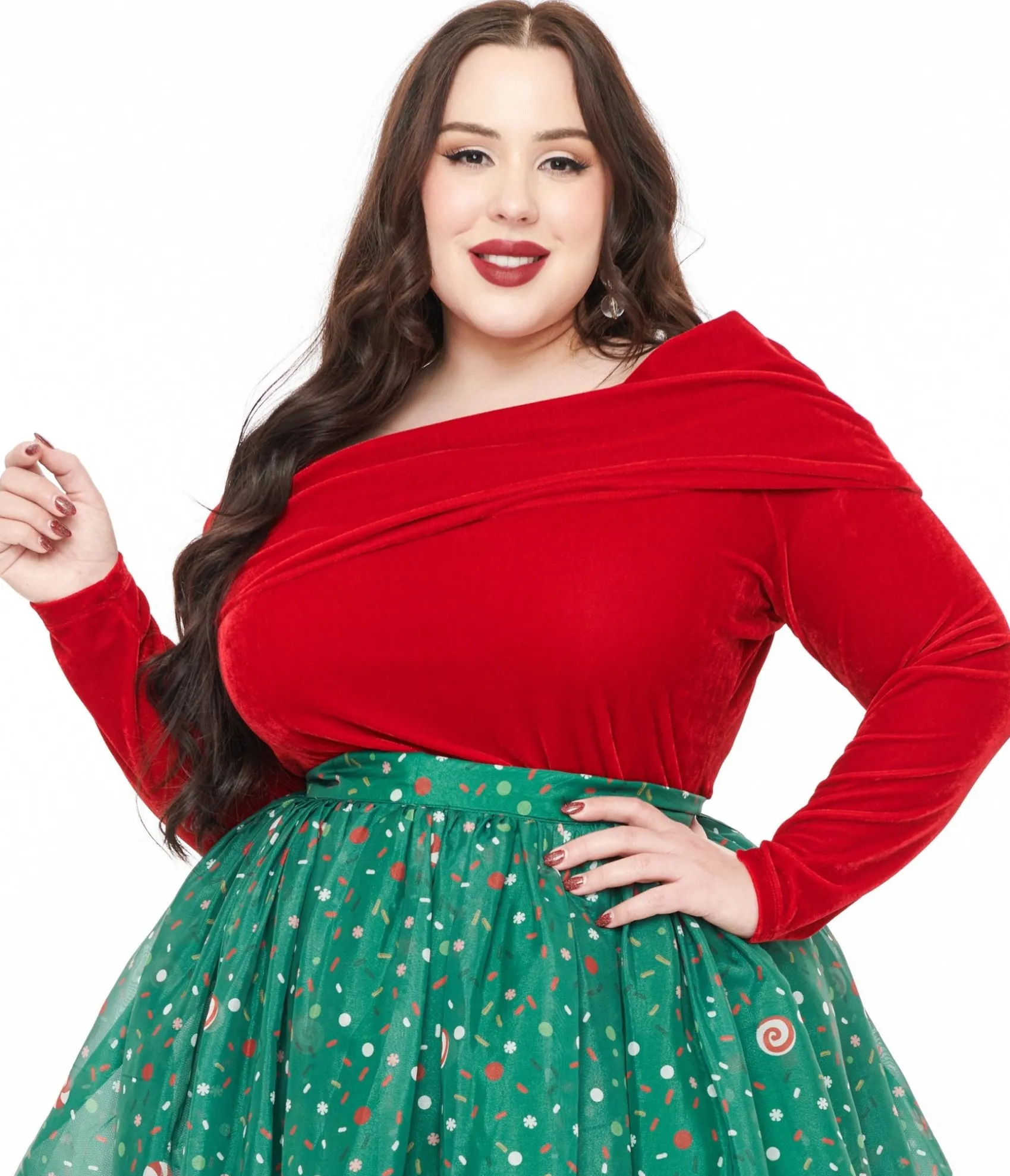 Unique Vintage Plus Size 1960s Red Velvet Folded Shoulder Knit Top