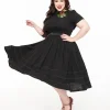 Unique Vintage Plus Size 1950s Black Holiday Floral Pin Cotton Swing Dress