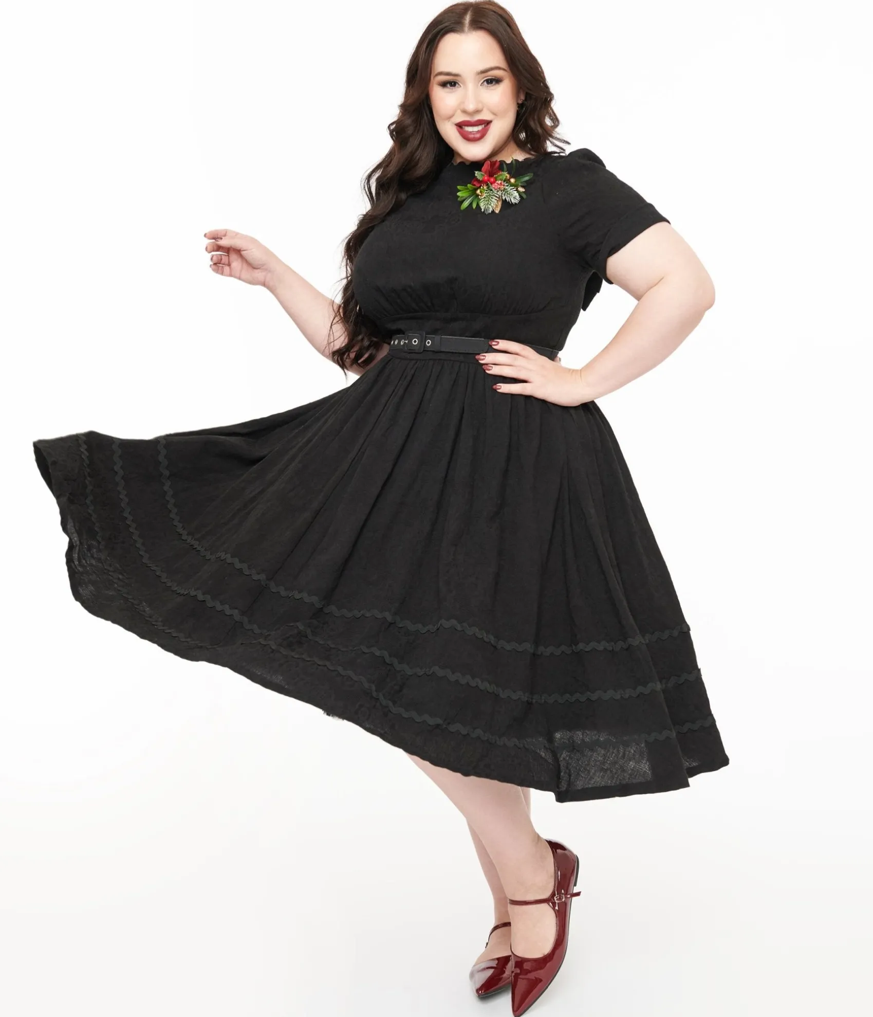 Unique Vintage Plus Size 1950s Black Holiday Floral Pin Cotton Swing Dress