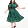 Unique Vintage Plus Size 1940s Emerald Green & Black Lace Swing Dress
