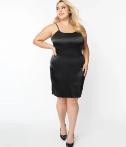 Unique Vintage Plus Size Black Satin Long Slip