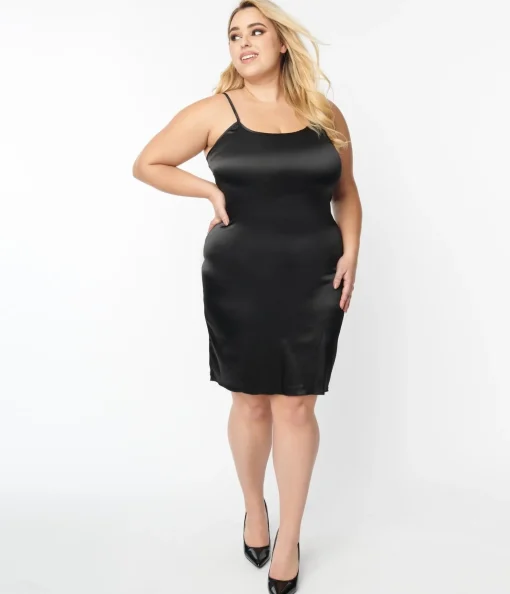 Unique Vintage Plus Size Black Satin Long Slip