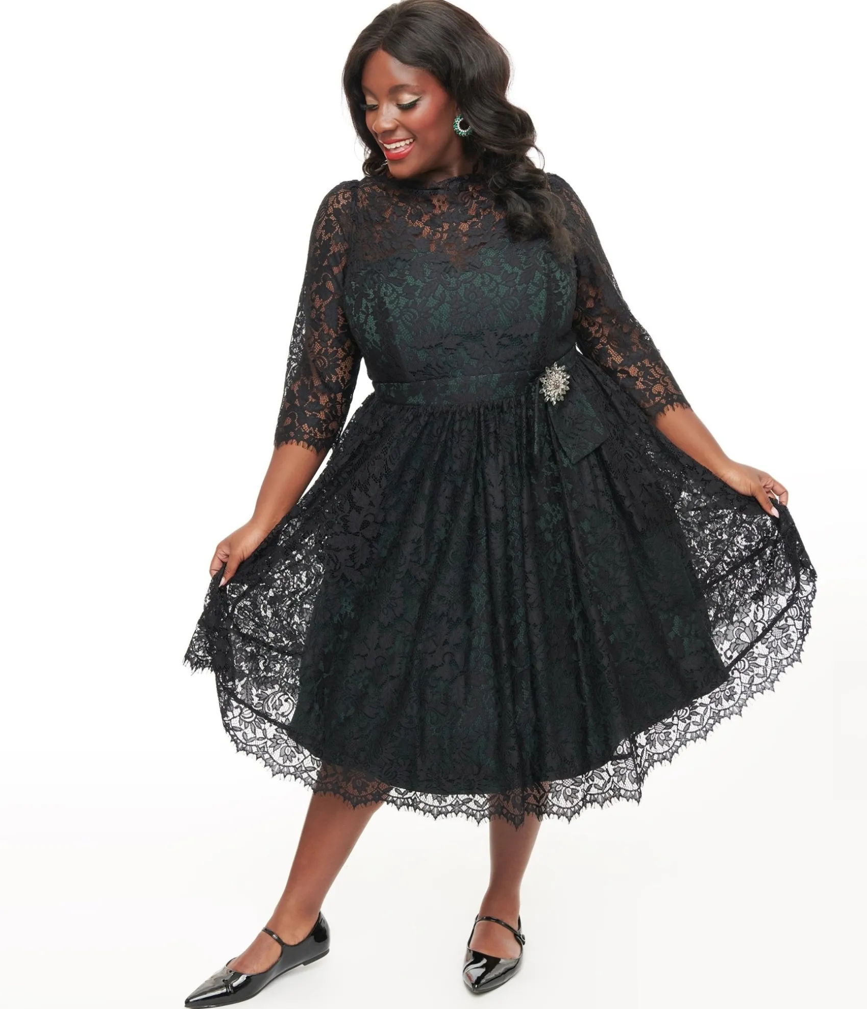 Unique Vintage Plus Size 1940s Black Lace Swing Dress