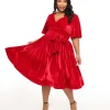 Unique Vintage Plus Size 1940s Red Velvet Flutter Sleeve Swing Dress