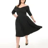 Unique Vintage Plus Size Black Shirred Off Shoulder Swing Dress