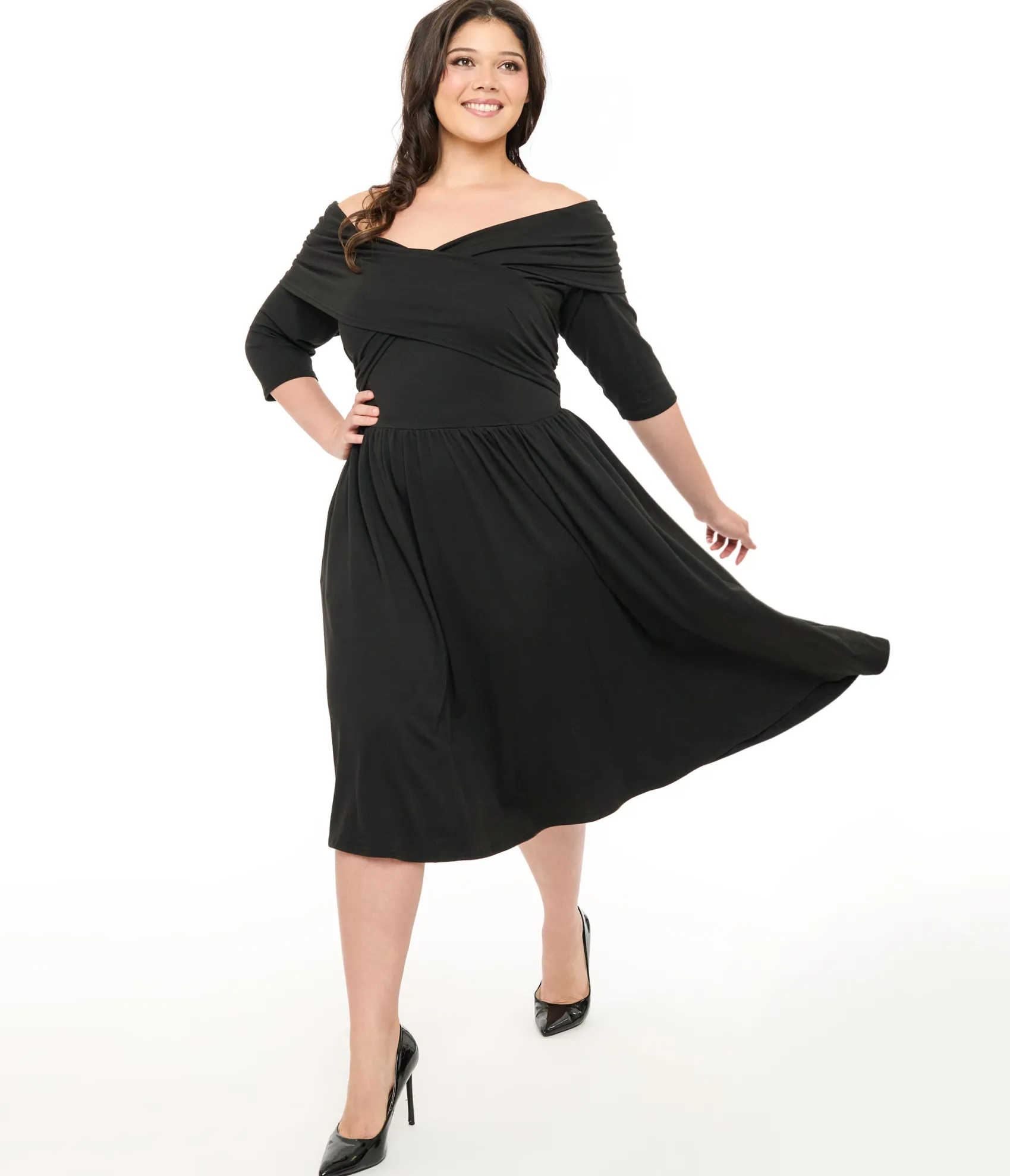 Unique Vintage Plus Size Black Shirred Off Shoulder Swing Dress