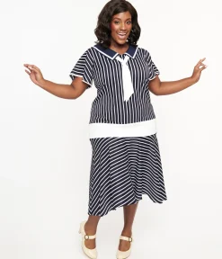 Unique Vintage Plus Size 1920s Navy & White Striped Flapper Dress