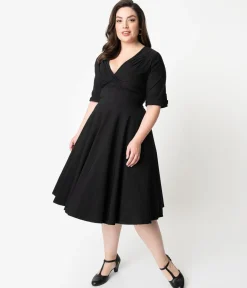 Unique Vintage Plus Size Black Delores Swing Dress with Sleeves