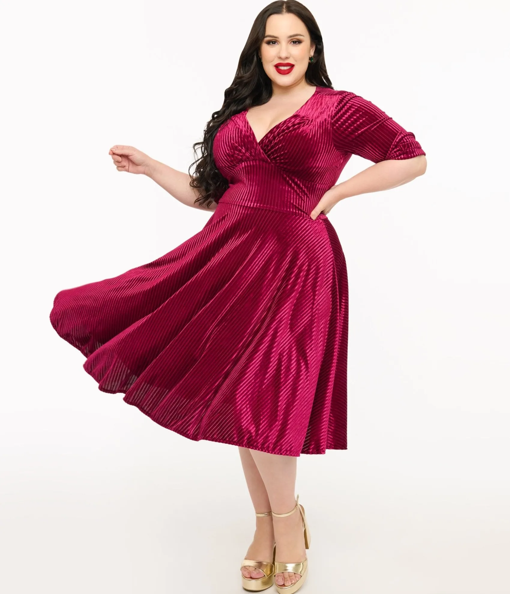 Unique Vintage Plus Size 1950s Merlot Textured Velvet Delores Swing Dress