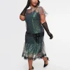 Unique Vintage Plus Size 1920s Iridescent Peacock & Black Bow Flapper Dress