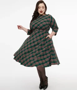 Unique Vintage Plus Size 1950s Green & Tan Plaid Devon Swing Dress