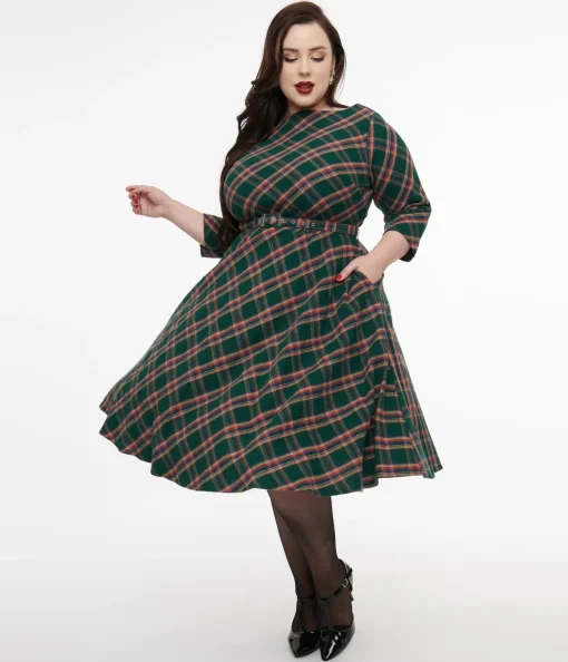 Unique Vintage Plus Size 1950s Green & Tan Plaid Devon Swing Dress