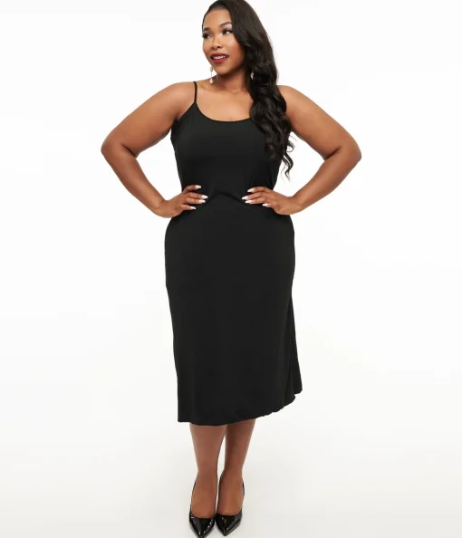 Unique Vintage Plus Size Midi Length Black Stretch Slip