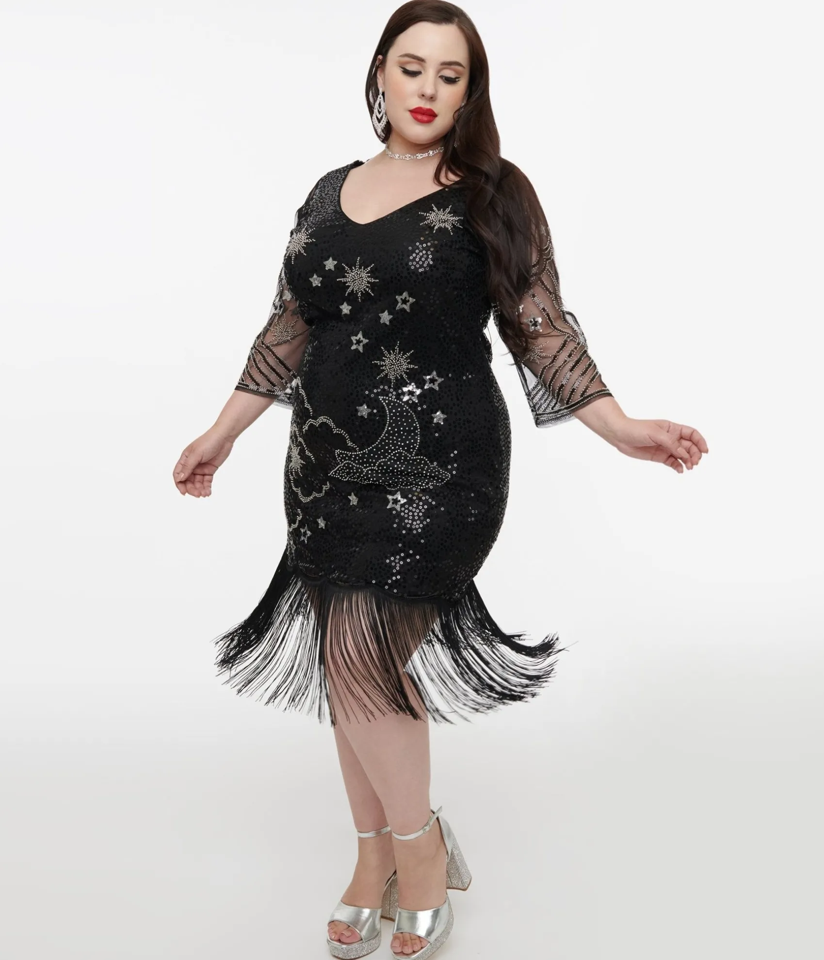 Unique Vintage Plus Size 1920s Black & Silver Moon & Stars Sequin Margaux Flapper Dress