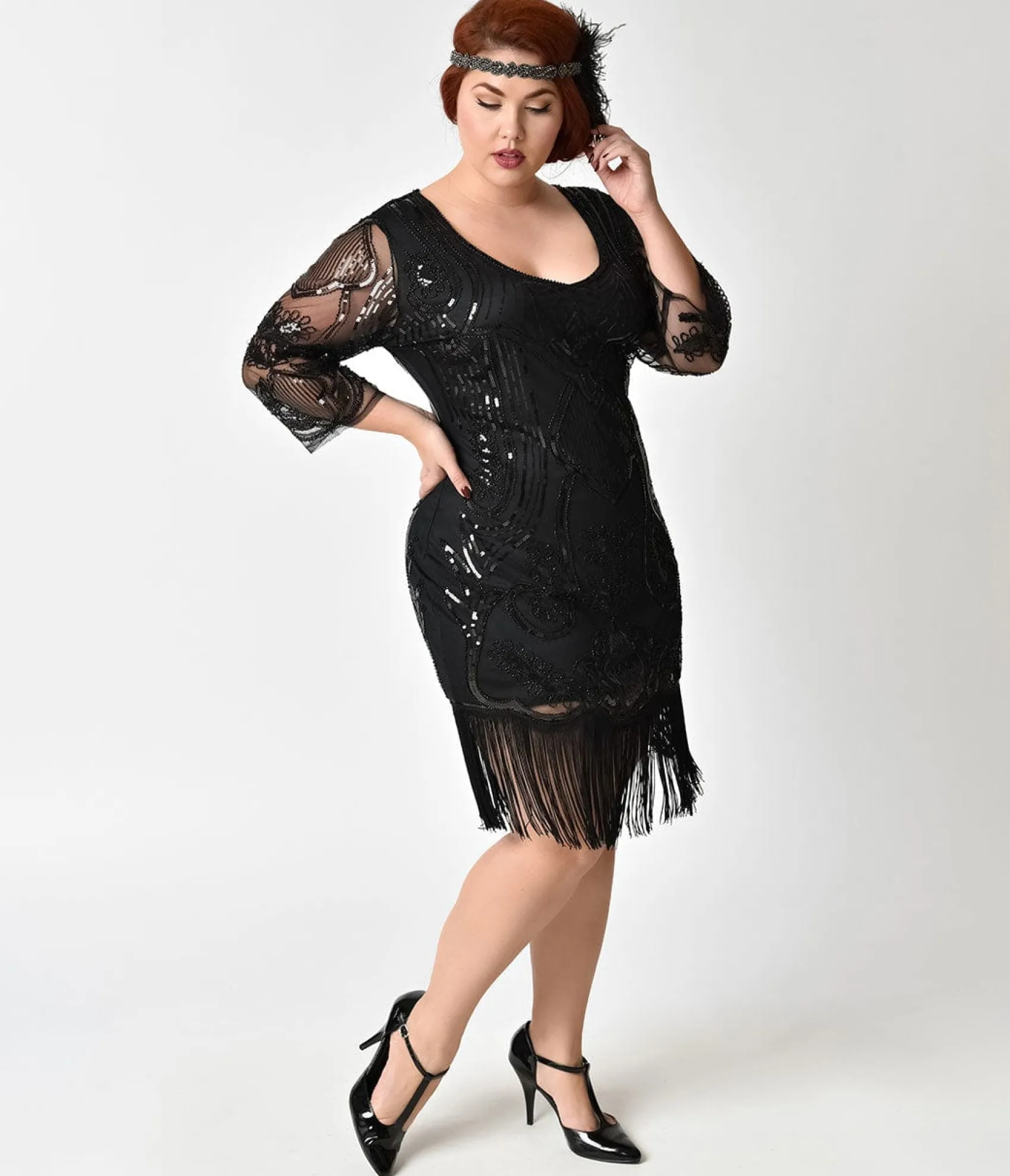 Unique Vintage Plus Size 1920s Black Beaded & Sequin Margaux Sleeved Fringe Flapper Dress