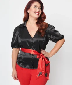Unique Vintage Plus Size Black & Red Lock & Key Sashed Blouse