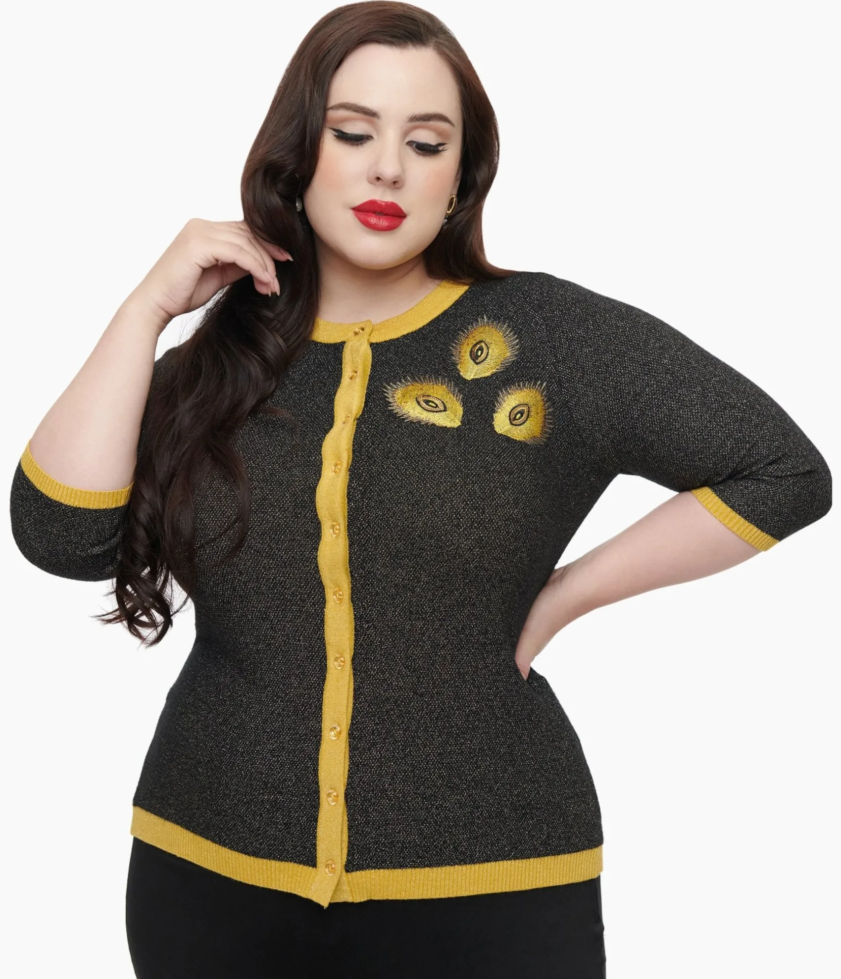 Unique Vintage Plus Size 1950s Black & Gold Peacock Feather Embroidered Bookworm Cardigan
