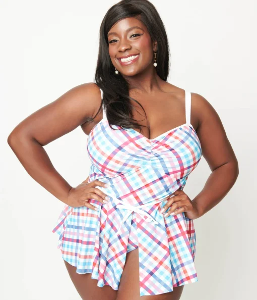 Unique Vintage Plus Size Pastel Madras Plaid Skirted Swimsuit