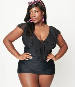 Unique Vintage Plus Size Black Ruffle Sheath Swimsuit