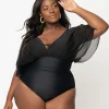Unique Vintage Plus Size Black Mesh Sleeved Torrey Swimsuit