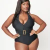 Unique Vintage Plus Size Black Belted Halter Swimsuit