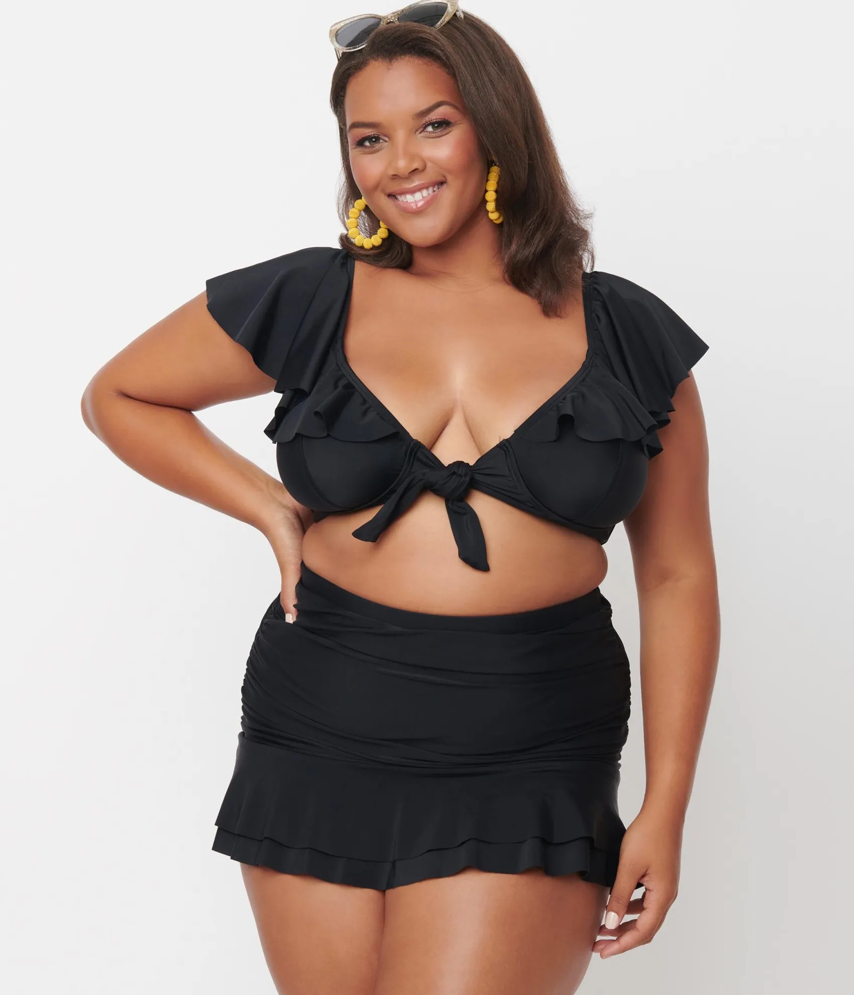 Unique Vintage Plus Size Black Ruffled Cap Sleeve Frida Swim Top