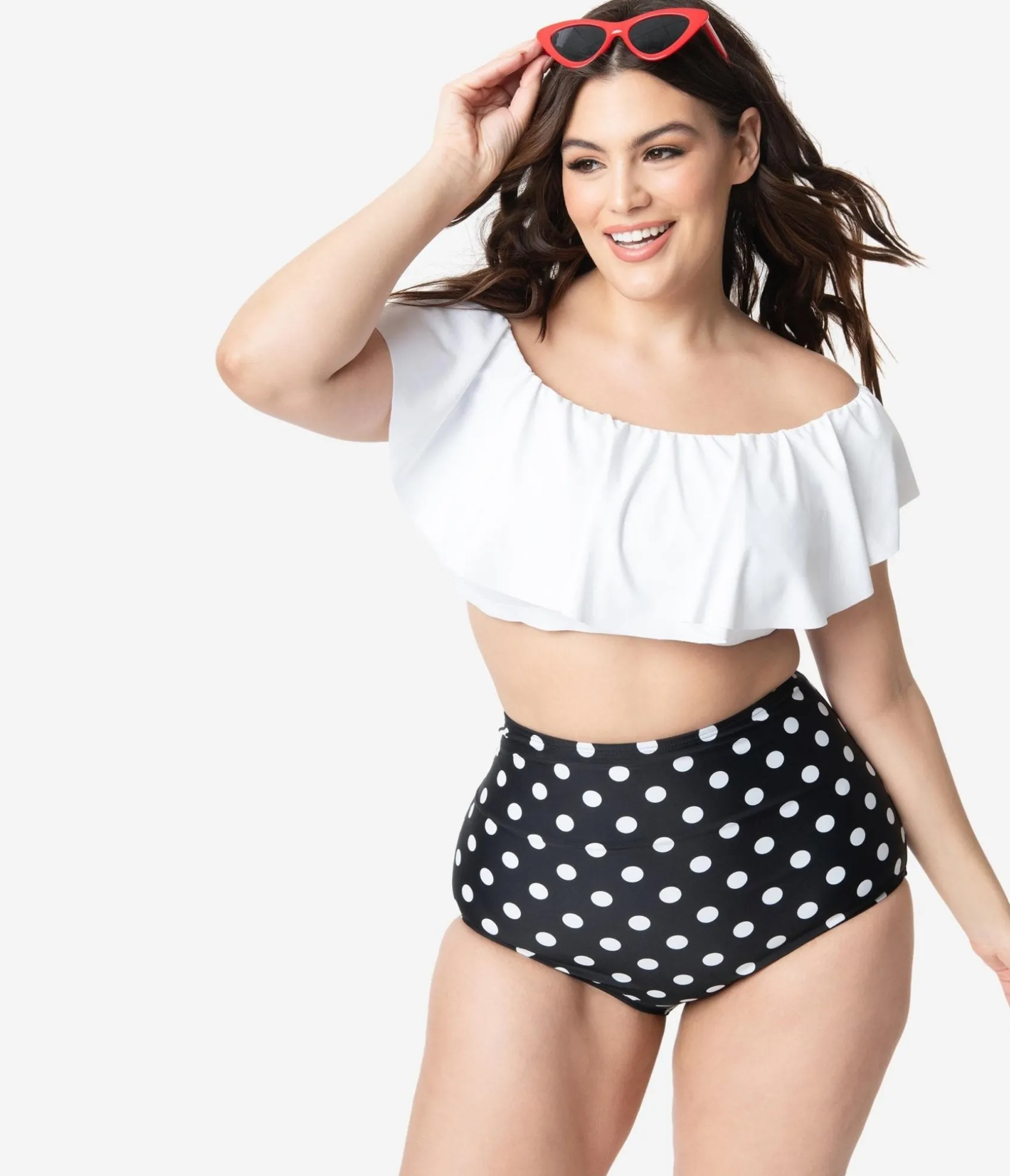Unique Vintage Plus Size White Ruffled Ramona Swim Top