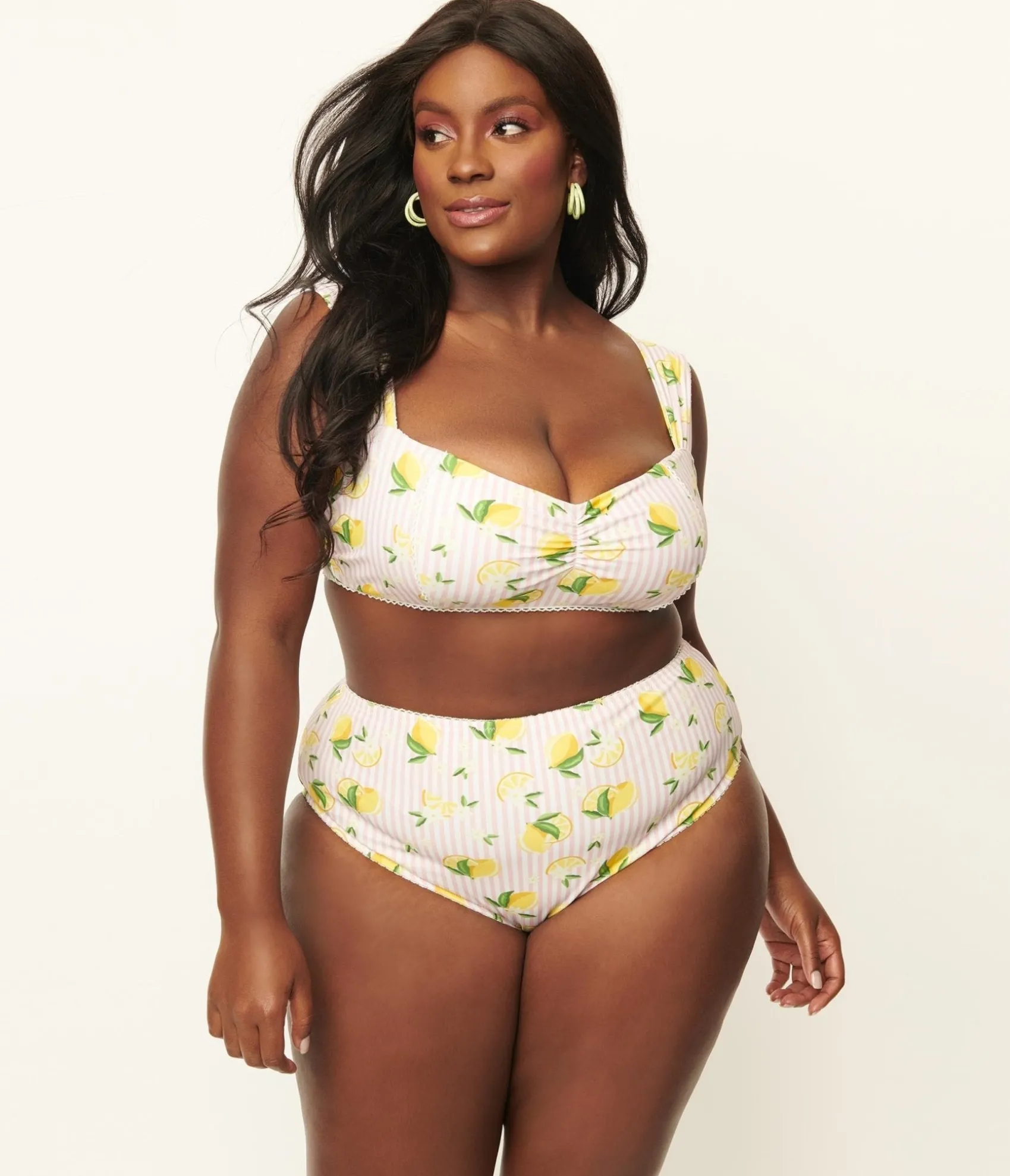 Unique Vintage Plus Size Light Pink Stripes & Lemons Ruched & Ready Swim Top