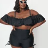 Unique Vintage Plus Size Black Pull Tie Swim Shorts
