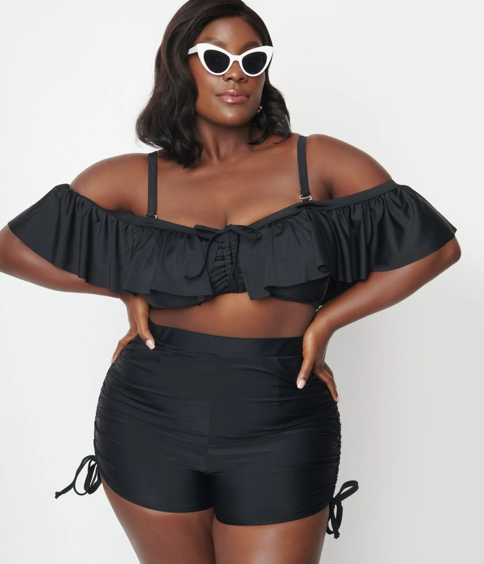 Unique Vintage Plus Size Black Pull Tie Swim Shorts