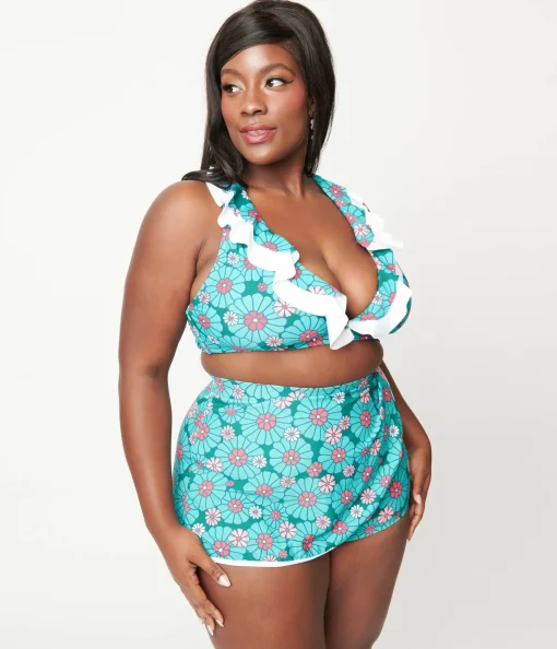 Unique Vintage Plus Size Teal Flower Child Halter Swim Top
