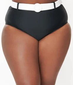 Unique Vintage Plus Size Black & White Belted Swim Bottoms