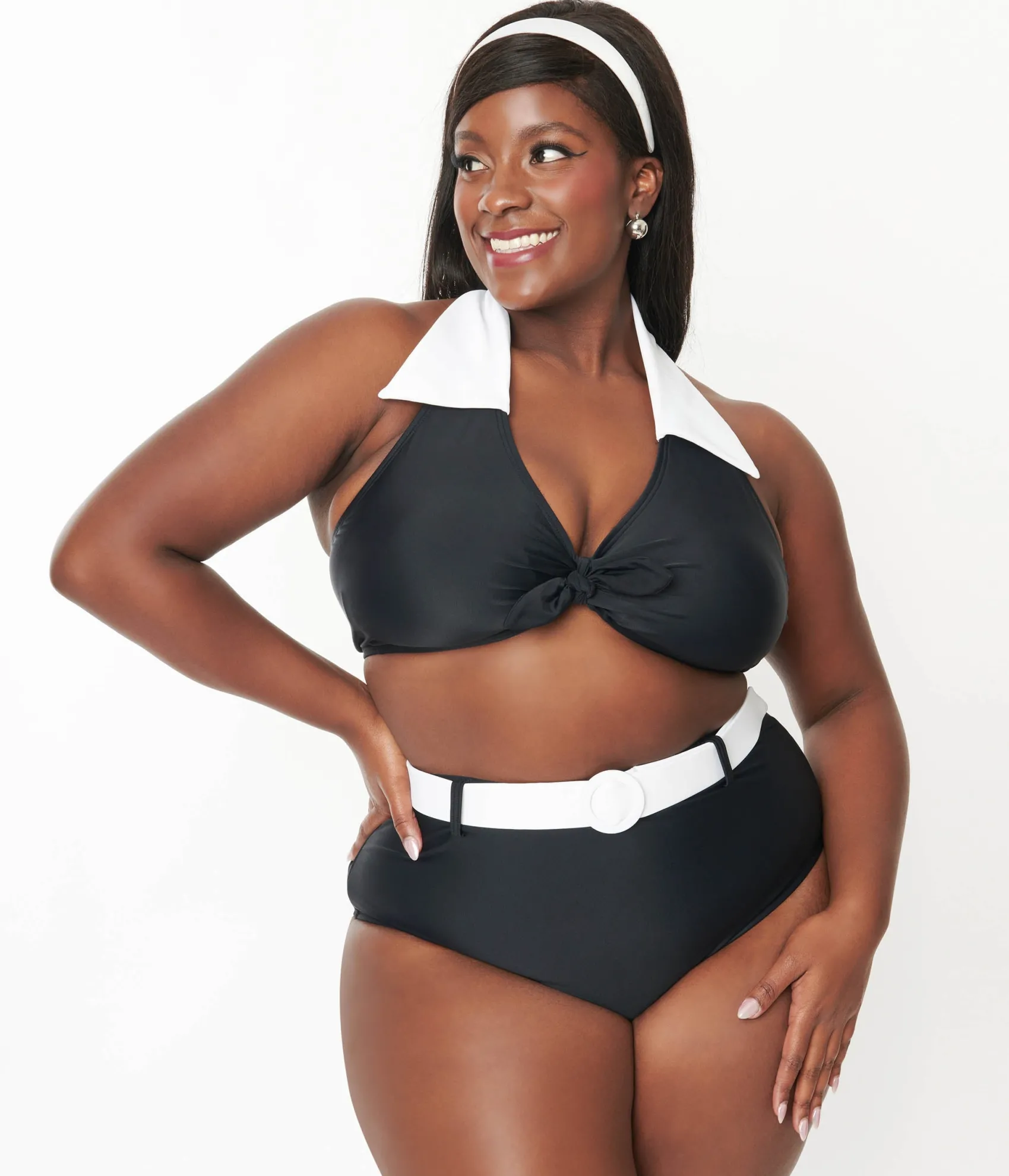 Unique Vintage Plus Size Black & White Halter Swim Top