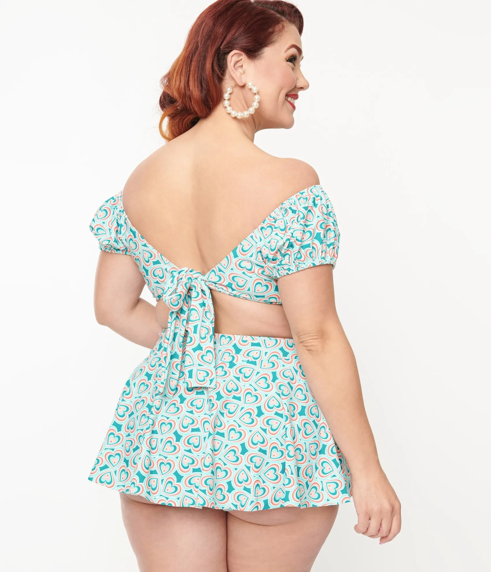 Unique Vintage Plus Size 1940s Turquoise Retro Hearts Off The Shoulder Swim Top