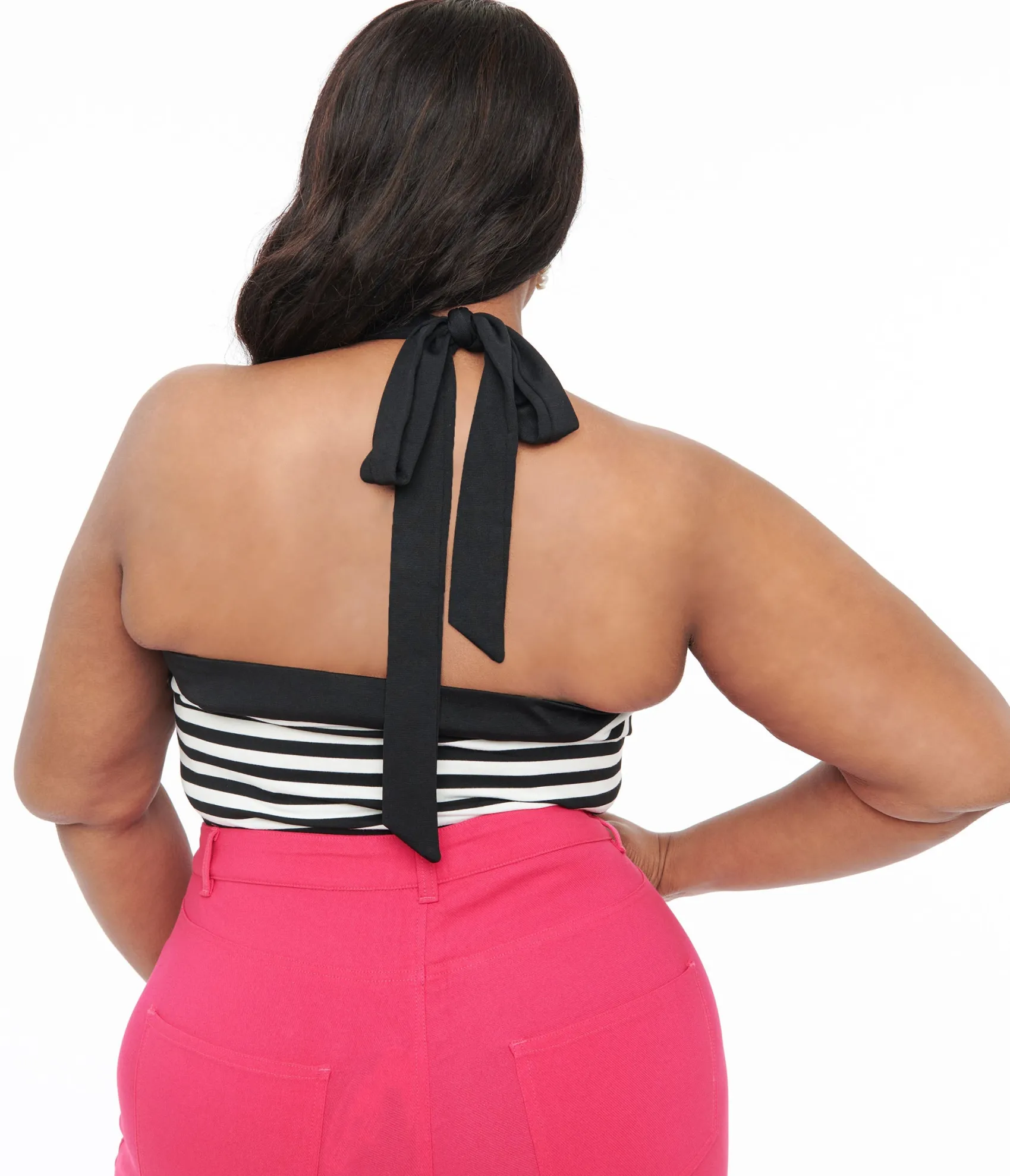 Unique Vintage Plus Size Black & White Striped Halter Top