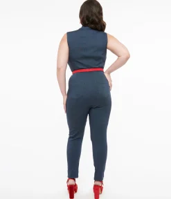 Unique Vintage Plus Size Blue Denim & Red Belt Skinny Jumpsuit