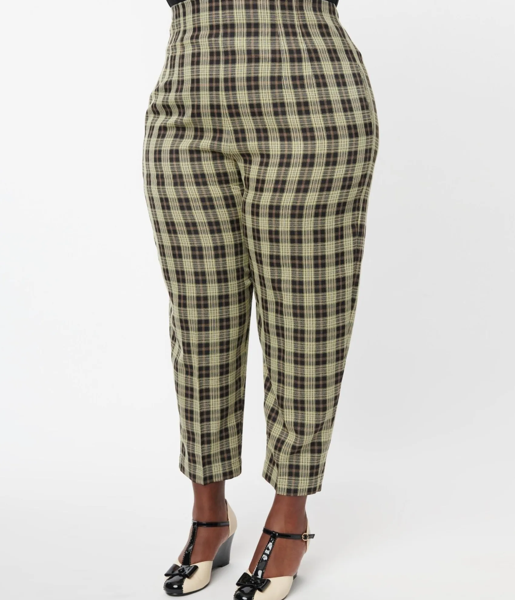 Unique Vintage Plus Size 1930s Cream & Black Plaid Front Pleat Pants