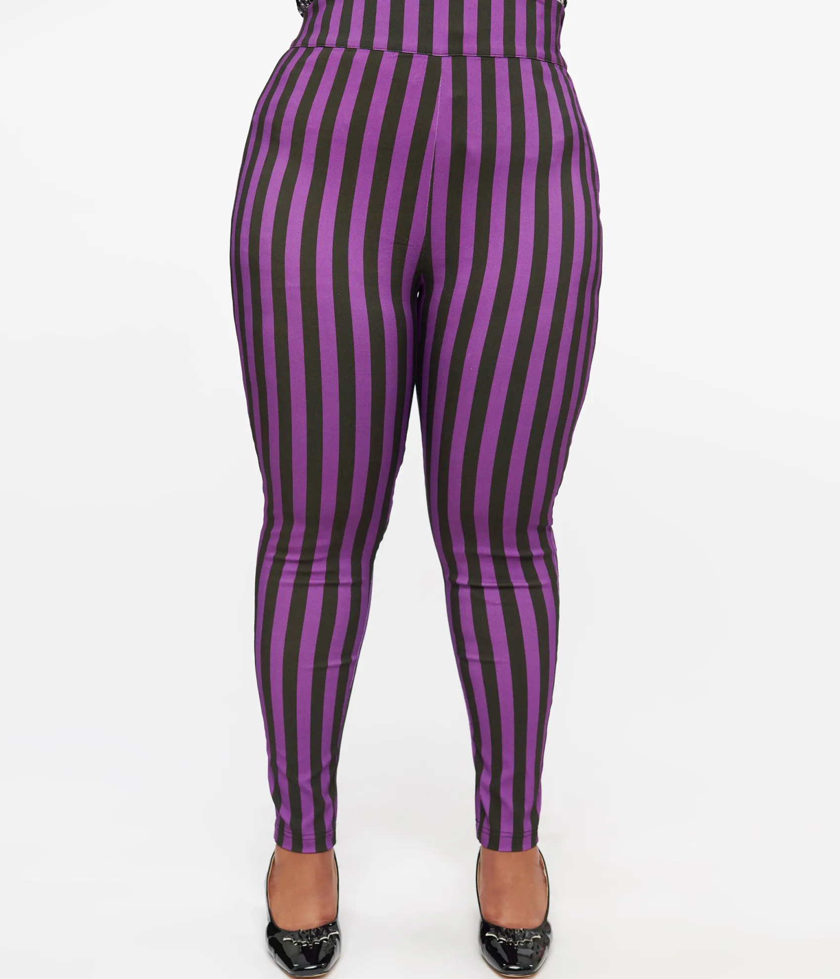 Unique Vintage Plus Size 1960s Black & Purple Stripe High Waist Cigarette Pants