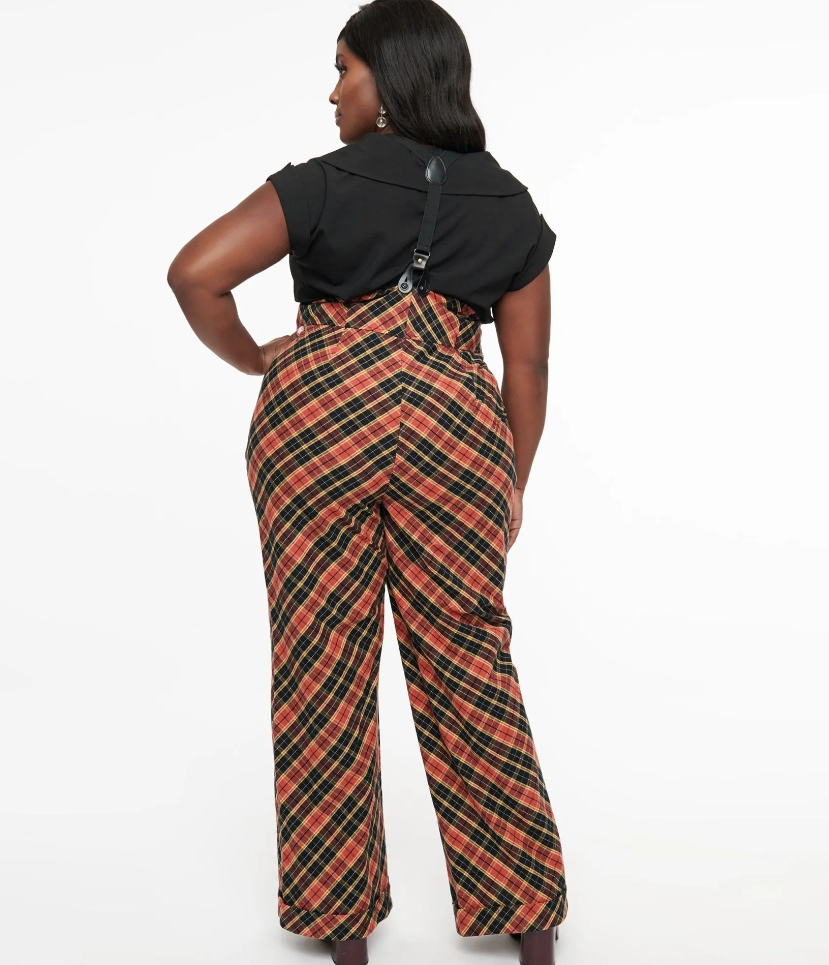 Unique Vintage Plus Size 1930s Black & Rust Plaid Thelma Suspender Pants