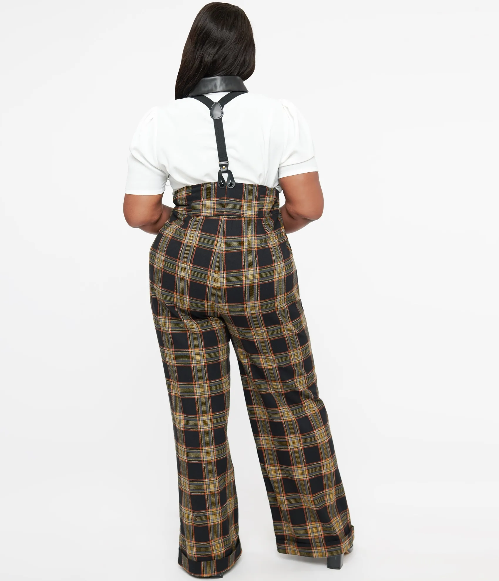 Unique Vintage Plus Size 1930s Black & Orange Plaid Thelma Suspender Pants