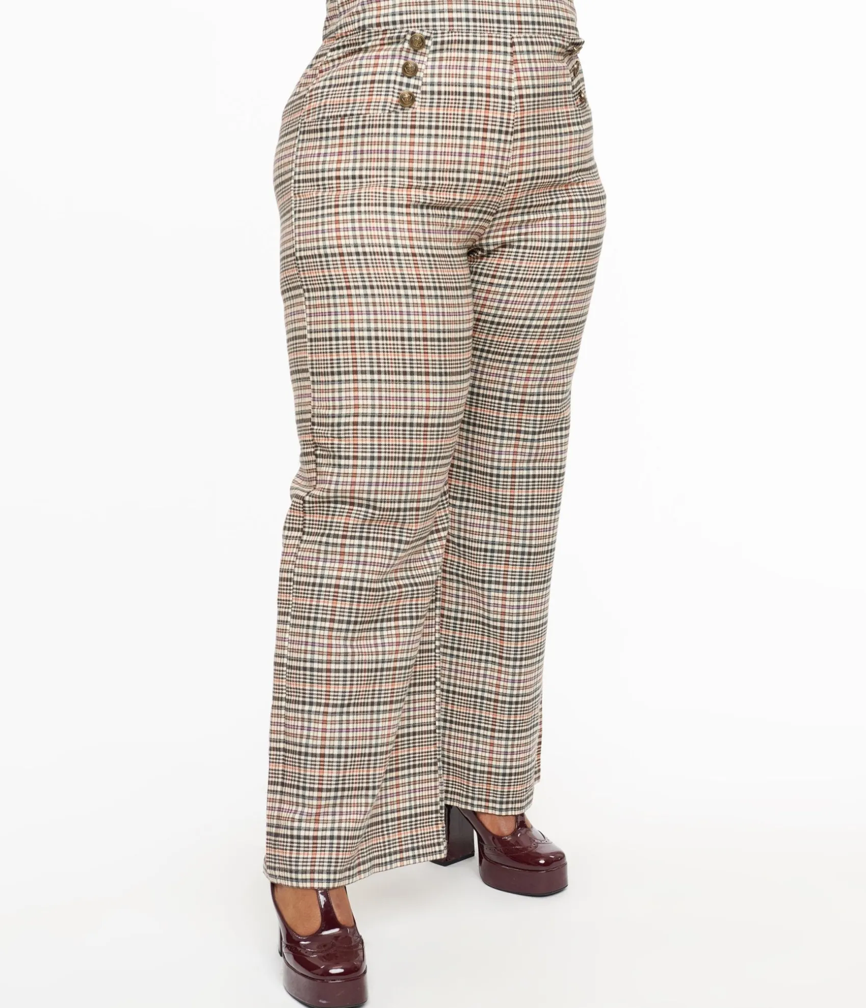 Unique Vintage Plus Size 1940s Beige Plaid High Waist Sailor Ginger Pants