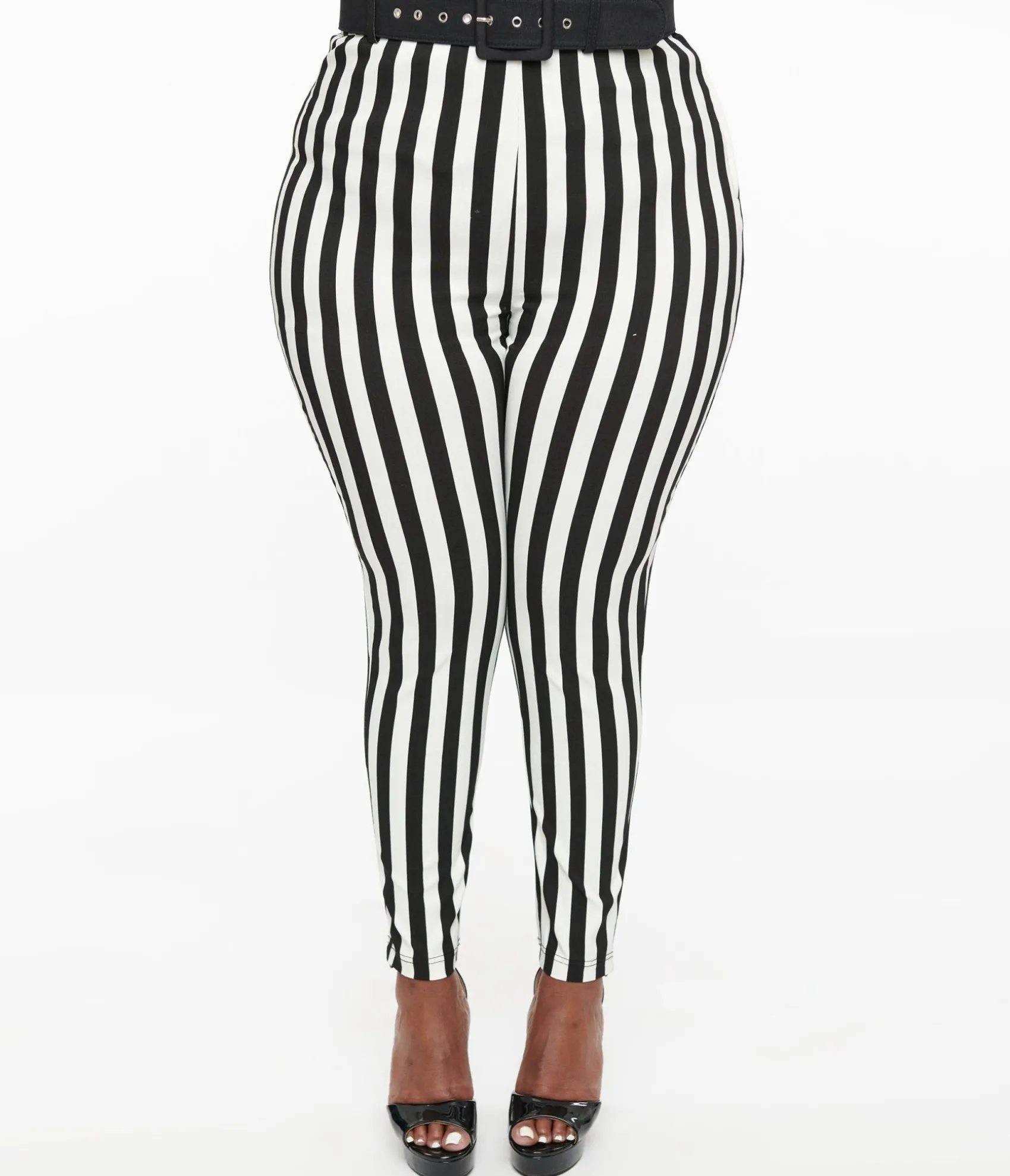 Unique Vintage Plus Size Black & White Stripe Belted Rizzo Cigarette Pants