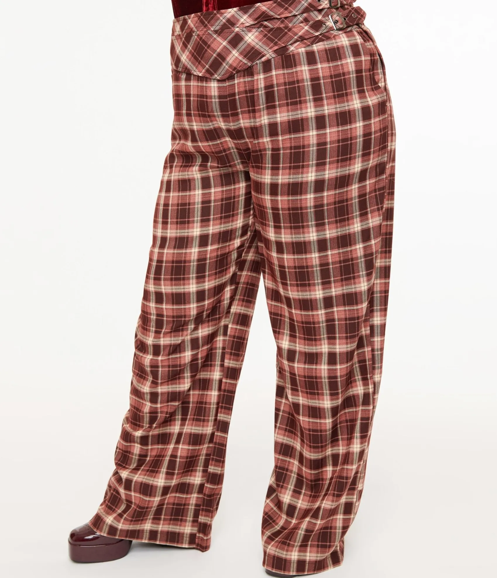 Unique Vintage Plus Size Burgundy Plaid Double Belt Woven Pants