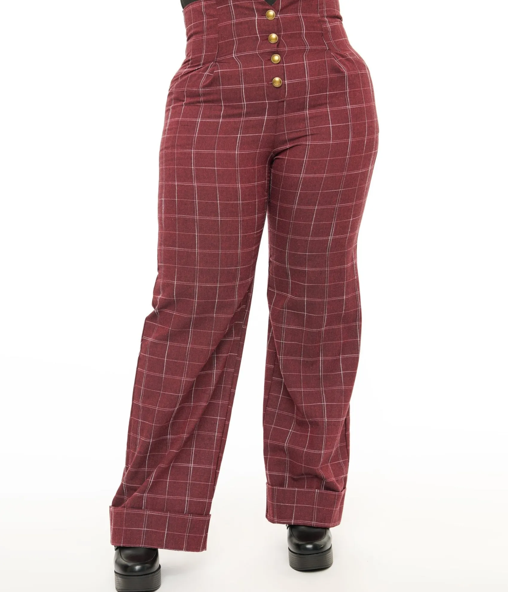 Unique Vintage Plus Size 1940s Burgundy Windowpane Buttoned Wide Leg Trousers