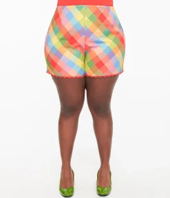 Unique Vintage Plus Size 1950s Rainbow Madras Plaid Scallop Trim Shorts