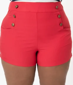 Unique Vintage Plus Size 1940s Style Red High Waist Sailor Debbie Shorts