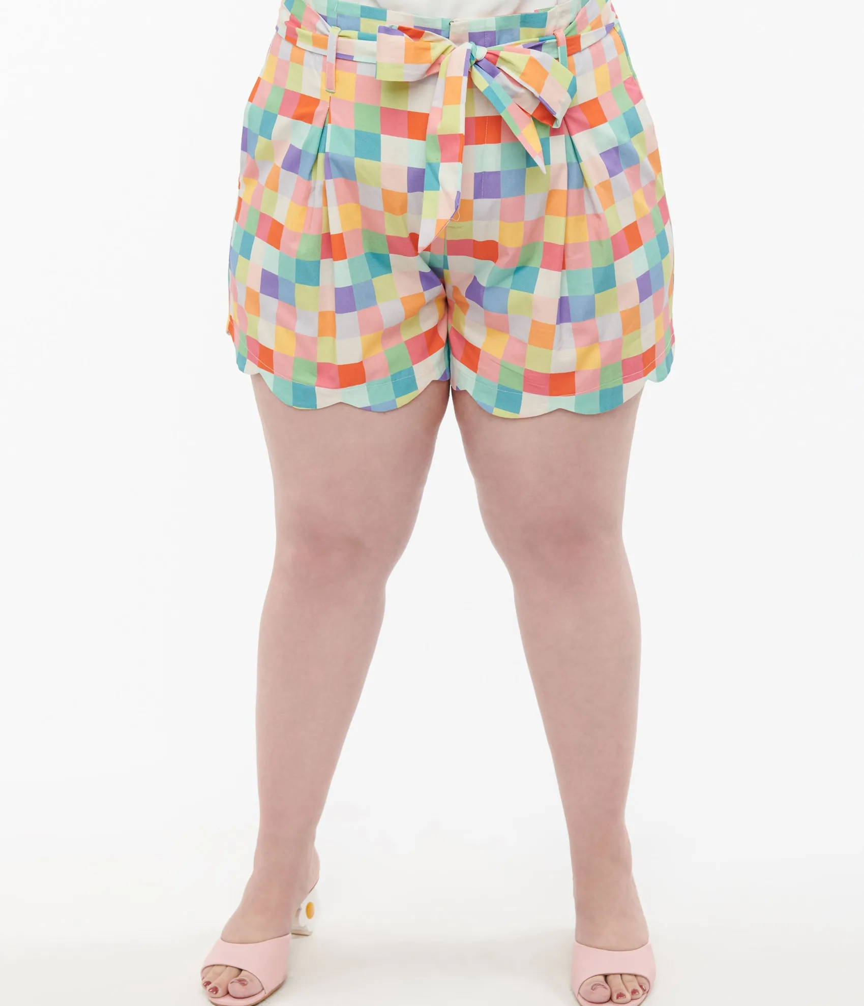 Unique Vintage Plus Size 1940s Rainbow Pastel Check Cotton High Waist Shorts