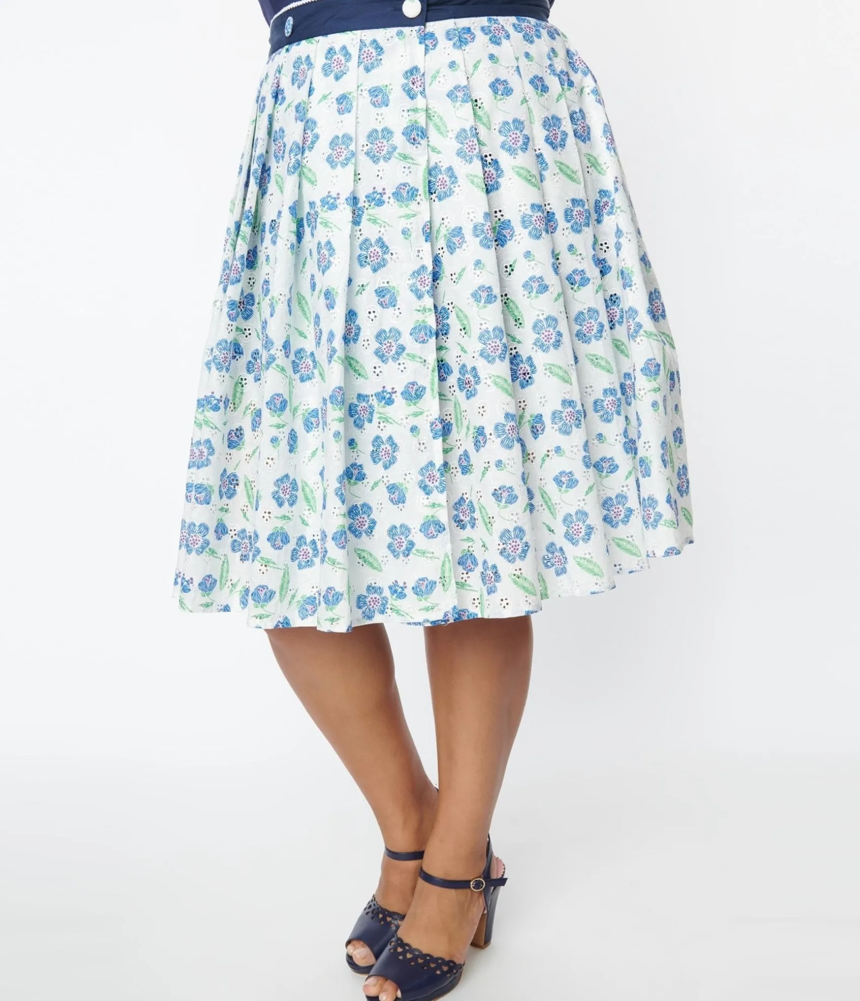 Unique Vintage Plus Size White & Blue Floral Eyelet Collins Wrap Swing Skirt